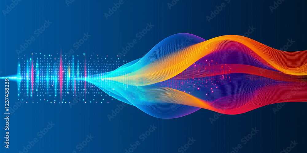 Poster Digital stream transforming into colorful abstract wave on blue background