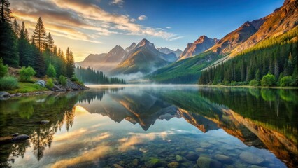 Fototapeta premium Mountain lake at sunrise over Siberian wilderness, autumnal foliage