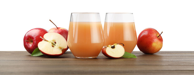 Tasty apple juice and fresh fruits on wooden table against white background