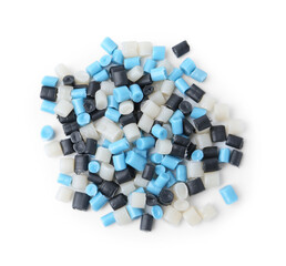 Pile of colorful plastic granules isolated on white, top view