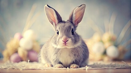 Fototapeta premium Cute gray and white Easter bunny in a charming vintage photo. Spring's sweetest arrival.