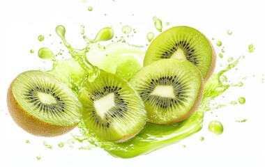 A close up of a green kiwi fruit with a splash of green juice