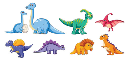Set of cute dinosaurs, Vector illustration. Collection of cute prehistoric cartoon dinosaurs. Isolated on white background.