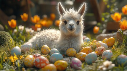 Playful Llama Nestled Among Colorful Eggs in Blooming Garden