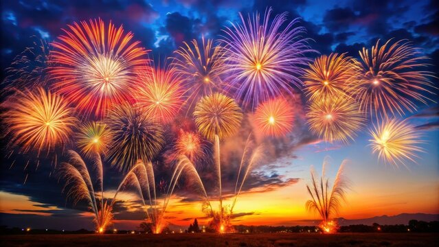 Pyrotechnic Fuegos Artificiales display at dusk, fuegos artificiales