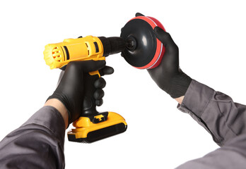 Man holding electric screwdriver with polish pad on white background, closeup