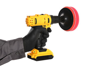 Man holding electric screwdriver with polish pad on white background, closeup
