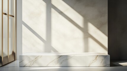 Fototapeta premium minimalist marble display platform in sunlit room