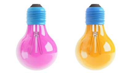 Pink and orange light bulbs showing creativity and innovation on transparent background