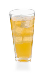 Sweet soda water with ice cubes in glass isolated on white