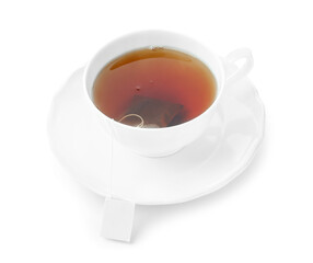 Tea bag in cup with hot drink isolated on white