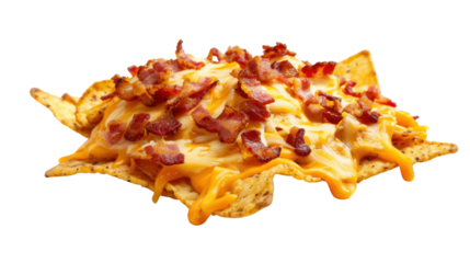 Delicious nachos with melted cheese and crispy bacon on transparent background