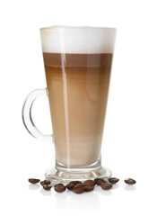 Tasty latte macchiato in glass cup and coffee beans isolated on white