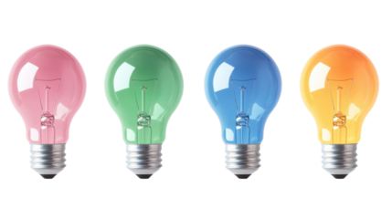 Four colorful light bulbs representing creative ideas on transparent background