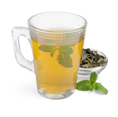 Aromatic mint tea, fresh and dried leaves isolated on white