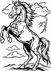 Majestic Black and White Illustration of a Rearing Horse, Powerful Horse Standing on Hind Legs with Mane Flowing, Equestrian Art of Bold Horse in Action Against Sky and Clouds