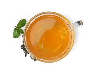 Aromatic mint tea, fresh and dried leaves isolated on white