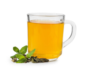 Aromatic mint tea, fresh and dried leaves isolated on white