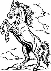 Majestic Black and White Illustration of a Rearing Horse, Powerful Horse Standing on Hind Legs with Mane Flowing, Equestrian Art of Bold Horse in Action Against Sky and Clouds