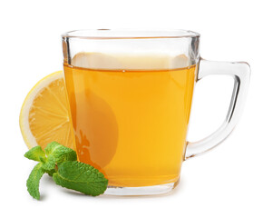 Aromatic mint tea with lemon, fresh and dried leaves isolated on white