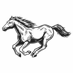 Dynamic Black and White Illustration of Galloping Horse, Powerful Horse Running in Motion with Mane Flowing, Equestrian Art of Fast-Moving Horse in Full Gallop