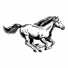 Dynamic Black and White Illustration of Galloping Horse, Powerful Horse Running in Motion with Mane Flowing, Equestrian Art of Fast-Moving Horse in Full Gallop