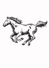 Dynamic Black and White Illustration of Galloping Horse, Powerful Horse Running in Motion with Mane Flowing, Equestrian Art of Fast-Moving Horse in Full Gallop
