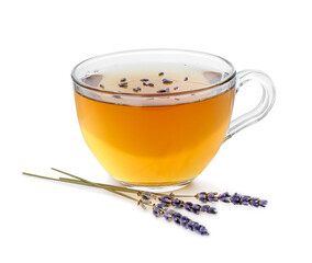 Aromatic lavender tea in glass cup and dry flowers isolated on white