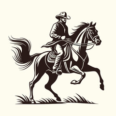 Classic Cowboy Riding Horse, Black and White Illustration of a Western Rider on Galloping Horse, Equestrian Cowboy in Traditional Western Gear, Dynamic Cowboy in Action on Horseback