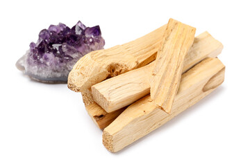 Palo santo sticks and gemstone isolated on white