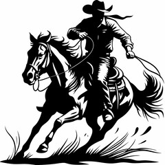Dynamic Cowboy Riding Horse with Lasso, Action-Packed Black and White Illustration of a Cowboy on Horseback, Western Rider with Rope, Fast-Moving Equestrian Cowboy