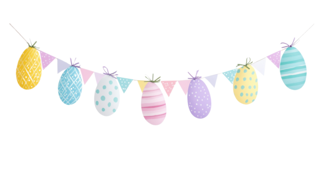 Easter eggs hanging from a string with transparent background