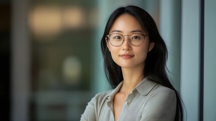 Fototapeta premium Portrait of a confident and focused Asian woman scientist conducting research in a laboratory setting using a microscope and computer to analyze data and findings She exhibits an intellectual