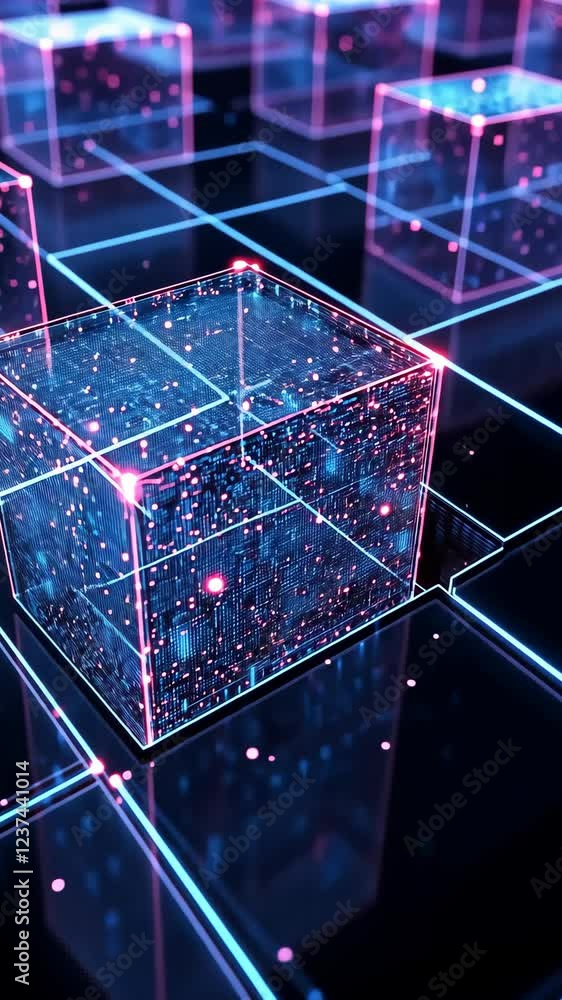 Poster futuristic digital cubes glowing in a virtual space with luminous connections and data points