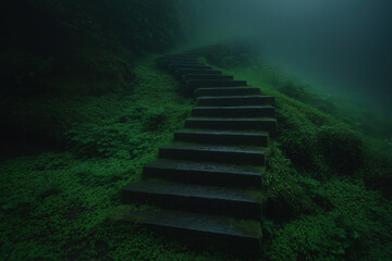 Misty Stone Stairway in Lush Greenery
