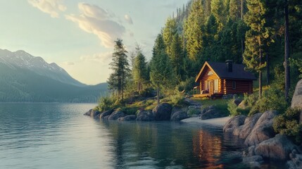 Fototapeta premium retreat featuring a small wooden cabin nestled among trees, with the shore edge and pristine water rendered in stunning 4K
