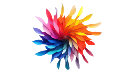 Colorful paper leaves rotating creating a vibrant pinwheel with transparent background