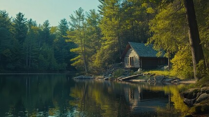 Obraz premium retreat featuring a small wooden cabin nestled among trees, with the shore edge and pristine water rendered in stunning 4K
