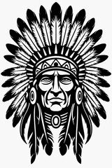 Bold Native American Chief with Intricate Feathered Headdress, Powerful Black and White Illustration of an Indigenous Leader, Detailed Artwork of Chief with Traditional Feathered