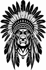 Bold Native American Chief with Intricate Feathered Headdress, Powerful Black and White Illustration of an Indigenous Leader, Detailed Artwork of Chief with Traditional Feathered