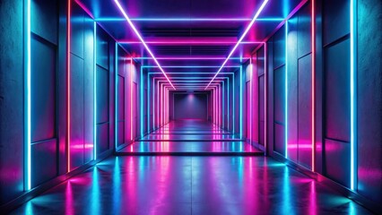 Fototapeta premium Corridor with neon lights in a dimly lit room, neon corridor, dimly lit room