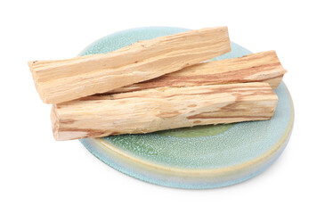 Three palo santo sticks on white background