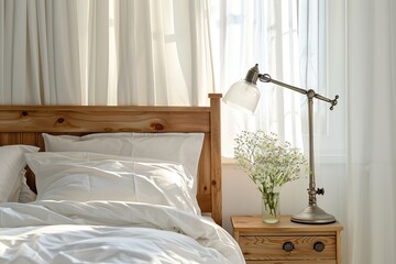 Interior of stylish bedroom with wooden bedside table and a stylish floor lamp
