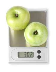 Electronic kitchen scale with apples isolated on white, top view