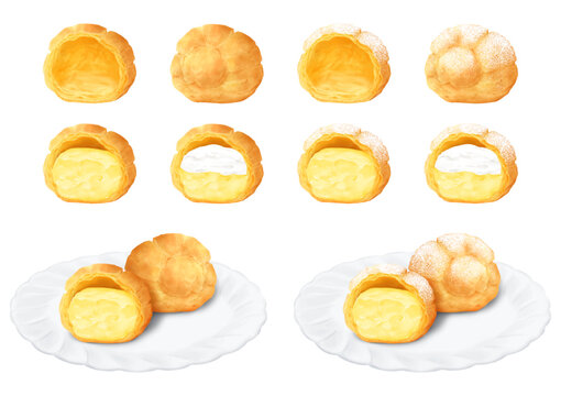 ベクター　シュークリーム　中身　断面　カスタードクリーム　生クリーム