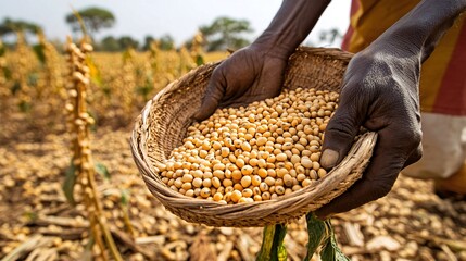 Farmer harvesting soybeans in African field