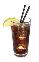 Refreshing cola with slice of lemon, ice cubes and drinking straws in glass isolated on white