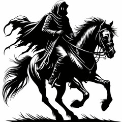 Fototapeta premium Mystical Rider in Cloak Riding Horse, Detailed Black and White Illustration of a Rider in a Hooded Cloak on Galloping Horse, Dark and Heroic Artwork of a Rider in Motion