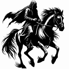 Mystical Rider in Cloak Riding Horse, Detailed Black and White Illustration of a Rider in a Hooded Cloak on Galloping Horse, Dark and Heroic Artwork of a Rider in Motion