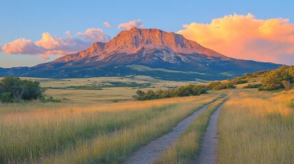 Naklejka premium Sunset over mountain range, dirt road leads to peak. Landscapes